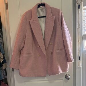 H&M Pink Double-Breasted Bouclé Blazer Jacket